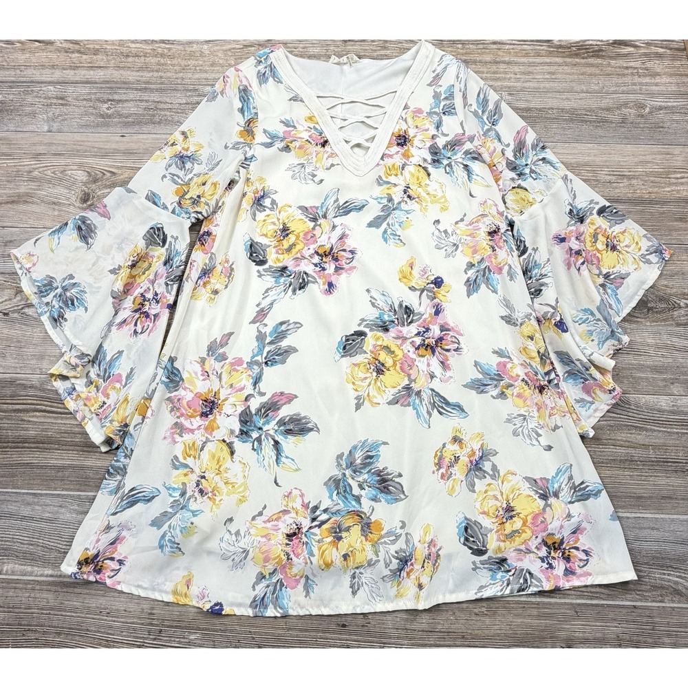 Entro Boho Floral Print Dress Bell Sleeves‎ SMALL Romantic Feminine Cottagecore